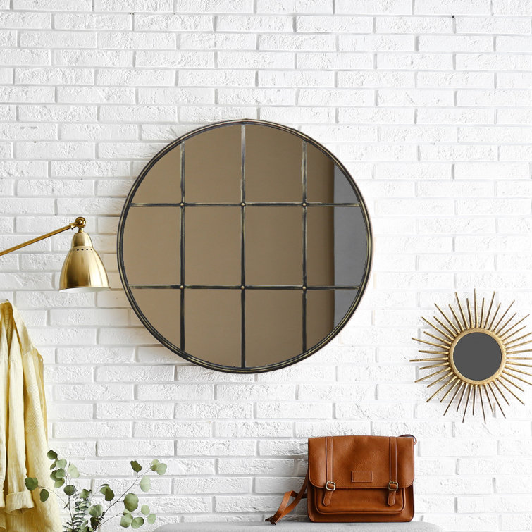 17 Stories Inverness Large 36” Round Windowpane Mirror With Bronze
